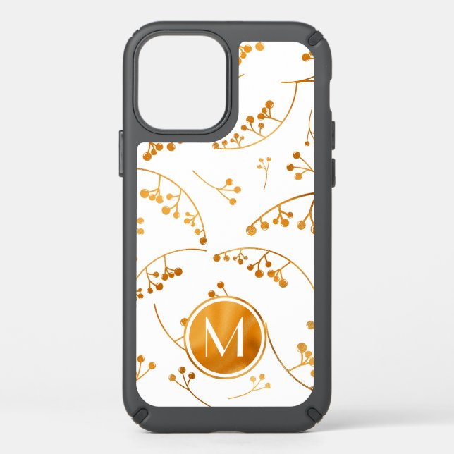 Elegant monogram gold berry pattern on white speck iPhone 12 case (Front)