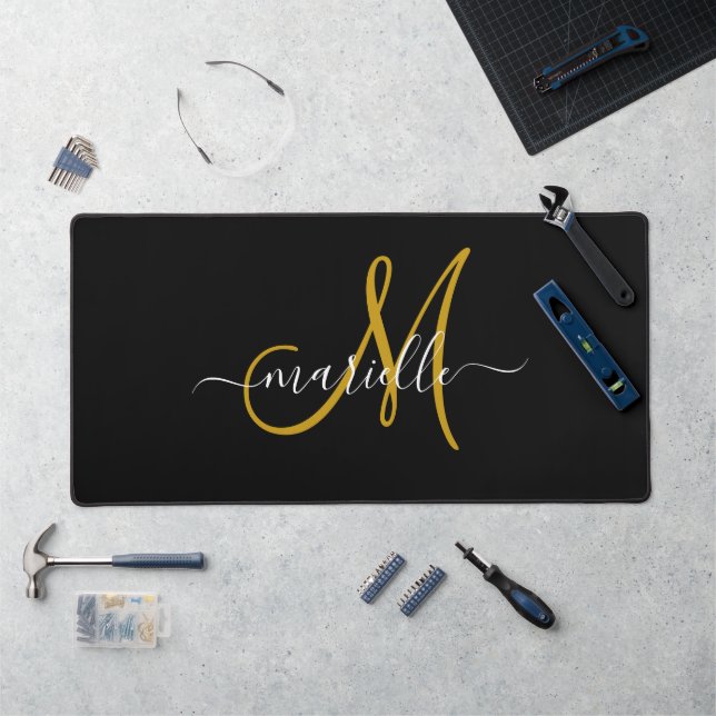 Elegant Monogram Gold Black Desk Mat (Workstation)