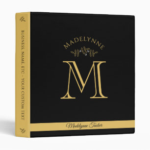 Elegant Monogram Gold Black Modern Floral Office 3 Ring Binder