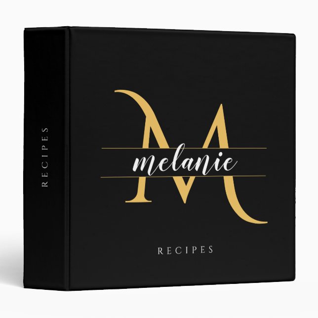 Elegant Monogram Gold Black Personalized Custom 3 Ring Binder (Front/Spine)