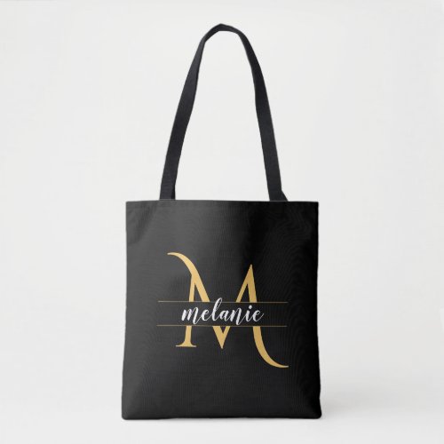 Elegant Monogram Gold Black Personalized Tote Bag