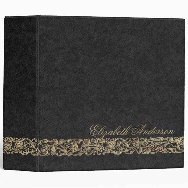 Elegant Monogram Gold Black Script Calligraphy  3 Ring Binder (Front/Spine)