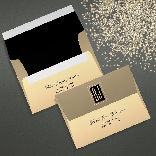 Elegant Monogram Gold Black Wedding Envelope (Creator Uploaded)