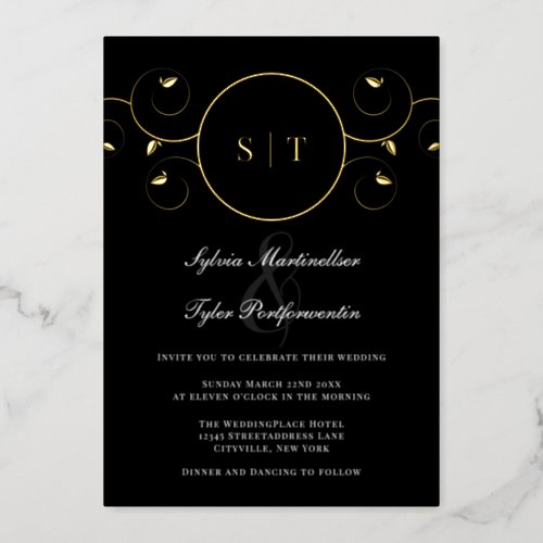 Elegant Monogram Gold Black Wedding Foil Invitatio Foil Invitation