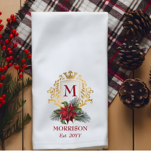 Elegant Monogram Gold Crest Poinsettia Christmas Kitchen Towel