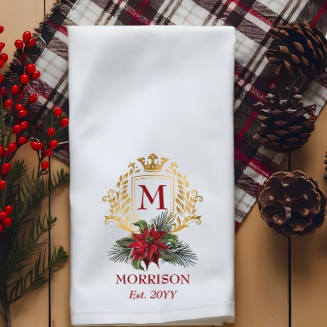 Elegant Monogram Gold Crest Poinsettia Christmas Kitchen Towel (Elegant Monogram Gold-Tone Crest Poinsettia Christmas Kitchen Towel)