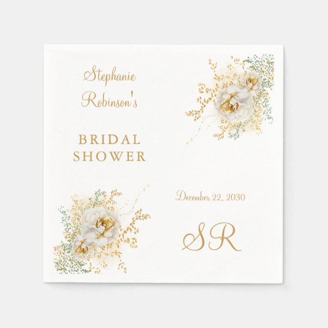 Elegant Monogram Gold Floral Bridal Shower Napkins (Front)