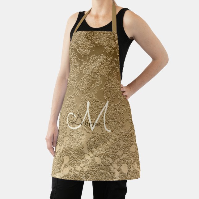 Elegant Monogram Gold Floral Cooking Apron (Insitu)