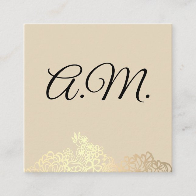 Elegant Monogram Gold Floral Square Business Card (Front)