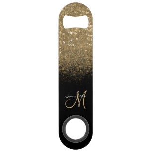 Elegant Monogram Gold Glitter & Black Bar Key