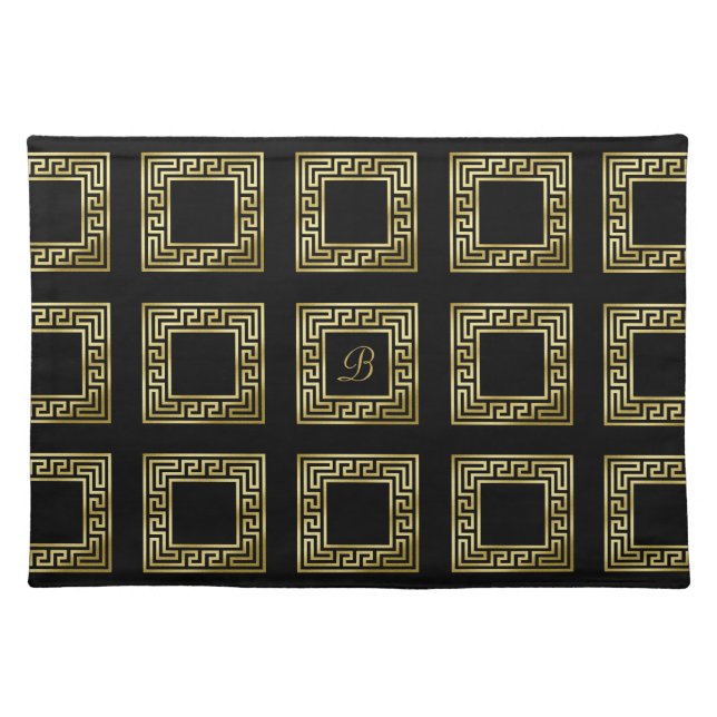 Elegant Monogram Gold Glitter Greek Key Black Cloth Placemat (Front)