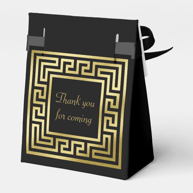 Elegant Monogram Gold Glitter Greek Key Black Favor Boxes (Back Side)
