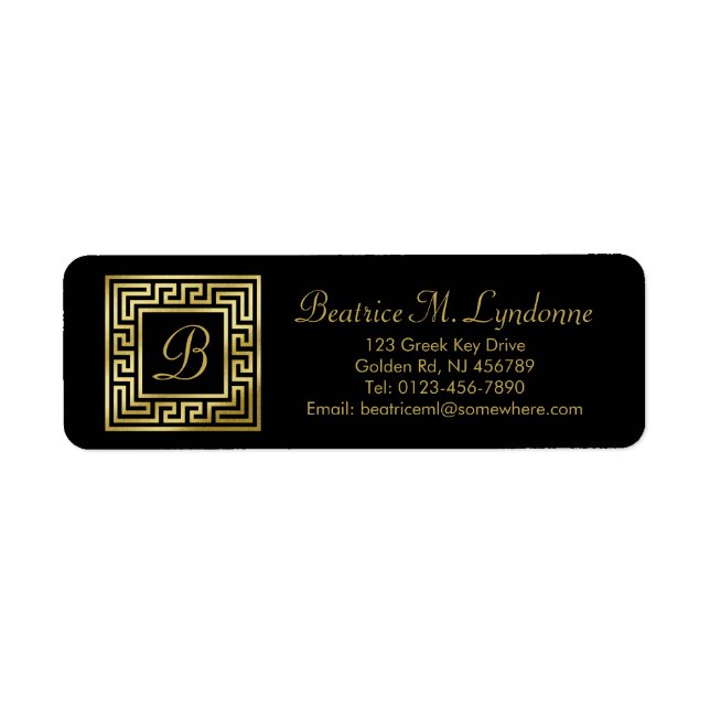 Elegant Monogram Gold Glitter Greek Key Black Label (Front)