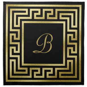 Elegant Monogram Gold Glitter Greek Key Black Napkin