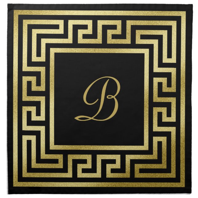 Elegant Monogram Gold Glitter Greek Key Black Napkin (Front)