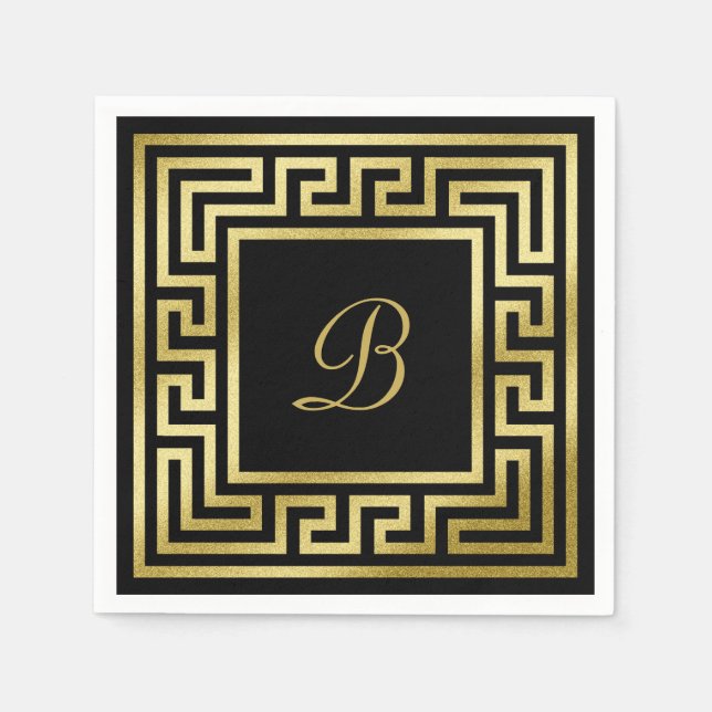 Elegant Monogram Gold Glitter Greek Key Black Napkins (Front)