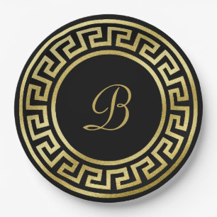 Elegant Monogram Gold Glitter Greek Key Black Paper Plates