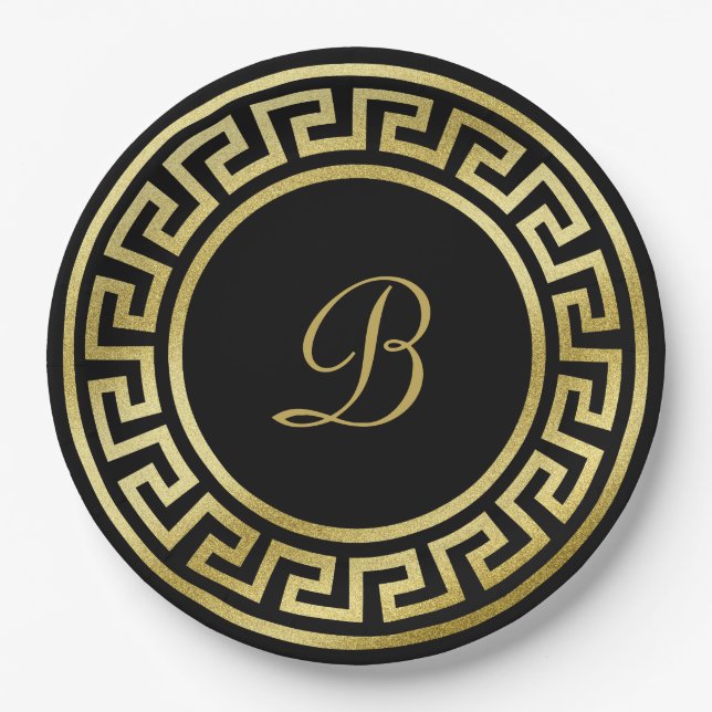 Elegant Monogram Gold Glitter Greek Key Black Paper Plates (Front)