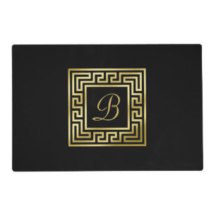 Elegant Monogram Gold Glitter Greek Key Black Placemat