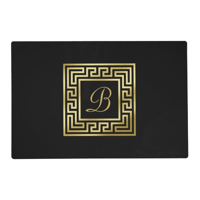 Elegant Monogram Gold Glitter Greek Key Black Placemat (Front)