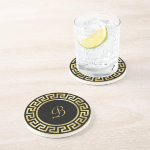 Elegant Monogram Gold Glitter Greek Key Black Sandstone Coaster