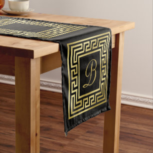 Elegant Monogram Gold Glitter Greek Key Black Short Table Runner