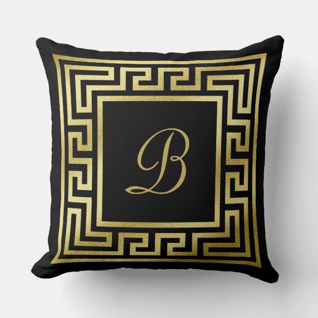 Elegant Monogram Gold Glitter Greek Key Black Throw Pillow (Front)