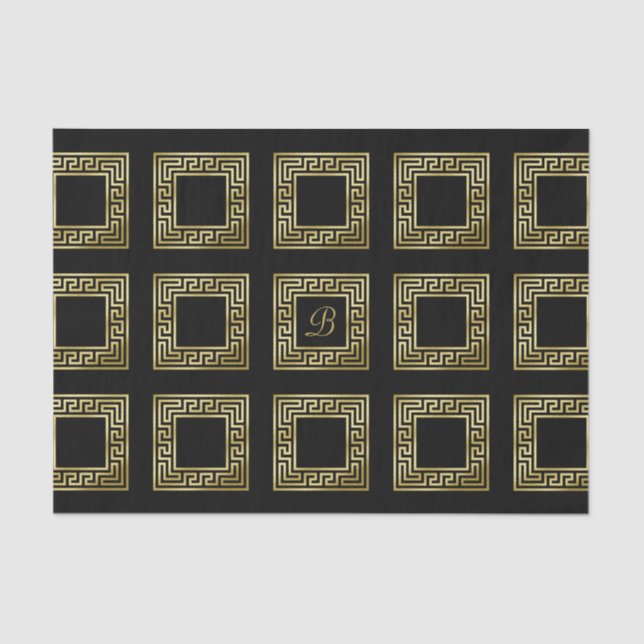 Elegant Monogram Gold Glitter Greek Key Black Tissue Paper (Front)