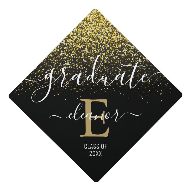 Elegant Monogram Gold Glitter Sparkles Name  Graduation Cap Topper (Front)