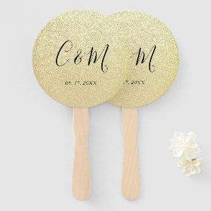Elegant Monogram Gold Glitter Wedding Hand Fan