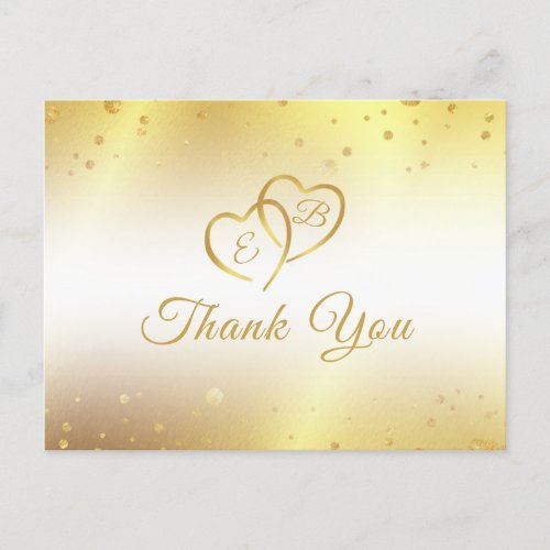 Elegant Monogram Gold Hearts Confetti Thank You Postcard