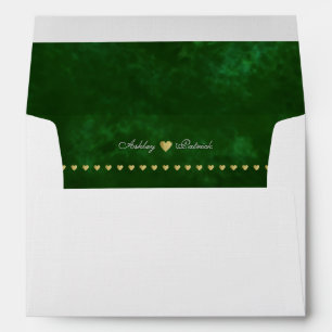 elegant monogram + gold hearts, wedding green envelope