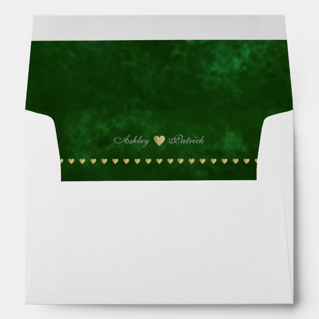 elegant monogram + gold hearts, wedding green envelope (Back (Bottom))