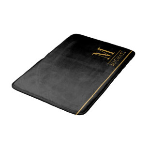 Elegant Monogram Gold Name Black Bath Mat