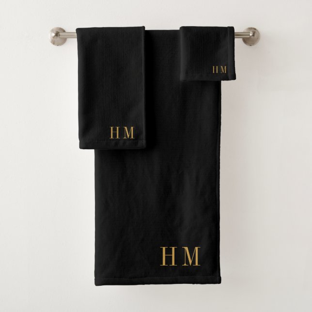 Elegant Monogram Gold Name Black Bath Towel Set (Insitu)