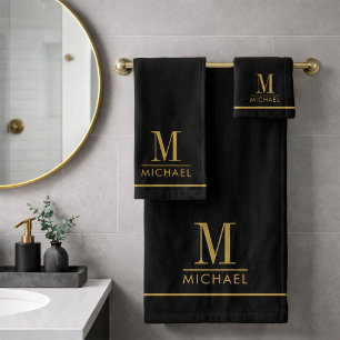 Elegant Monogram Gold Name Black Bath Towel Set