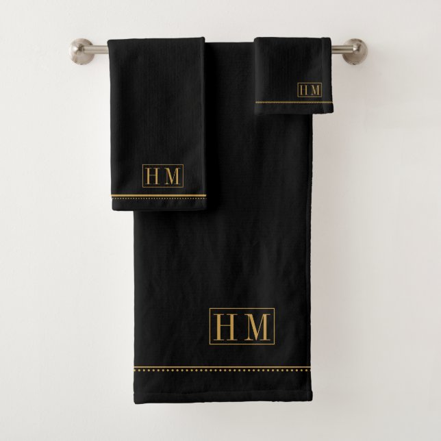Elegant Monogram Gold Name Black Bath Towel Set (Insitu)