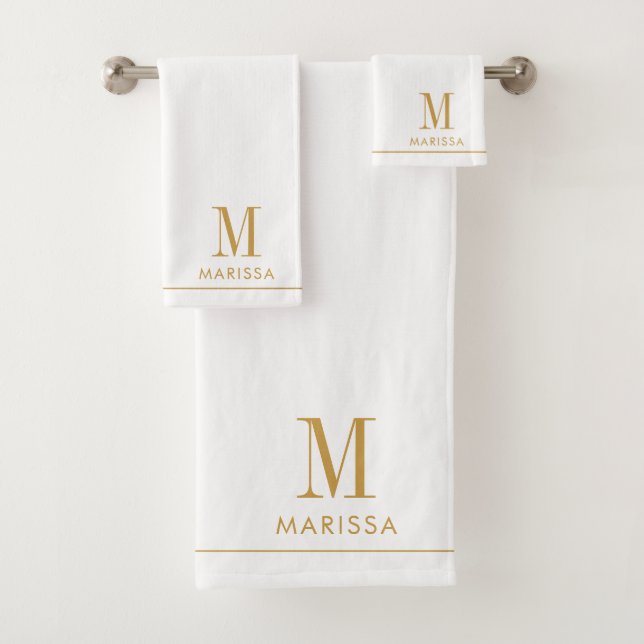 Elegant Monogram Gold Name White Bath Towel Set (Insitu)