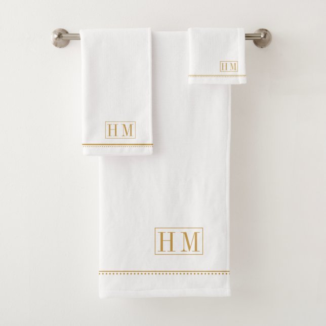 Elegant Monogram Gold Name White Bath Towel Set (Insitu)