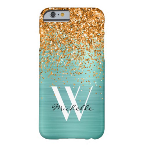 Elegant Monogram Gold Orange Teal Girly Glitter Barely There iPhone 6 Case