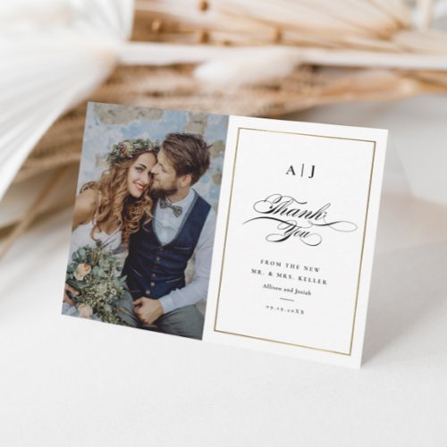 Elegant Monogram Gold Photo Wedding Thank You Card