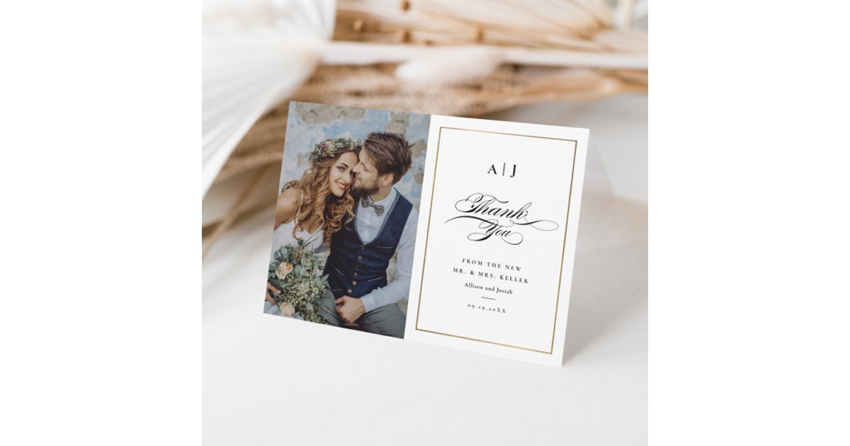 Elegant Monogram Gold Photo Wedding Thank You Card | Zazzle