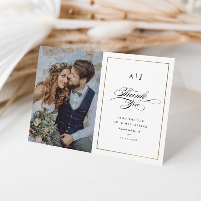 Elegant Monogram Gold Photo Wedding Thank You Card (Creator Uploaded)
