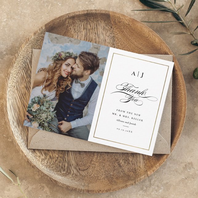 Elegant Monogram Gold Photo Wedding Thank You Card (Creator Uploaded)