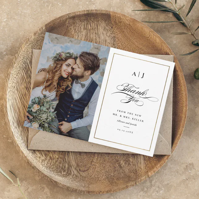 Elegant Monogram Gold Photo Wedding Thank You Card | Zazzle