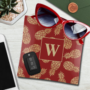 Elegant Monogram Gold Pineapple on Red Trinket Tray