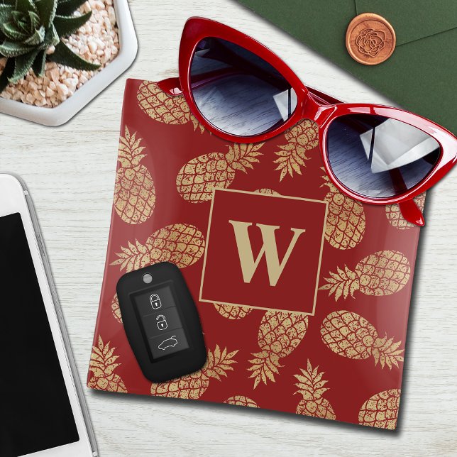 Elegant Monogram Gold Pineapple on Red Trinket Tray (Creator Uploaded)