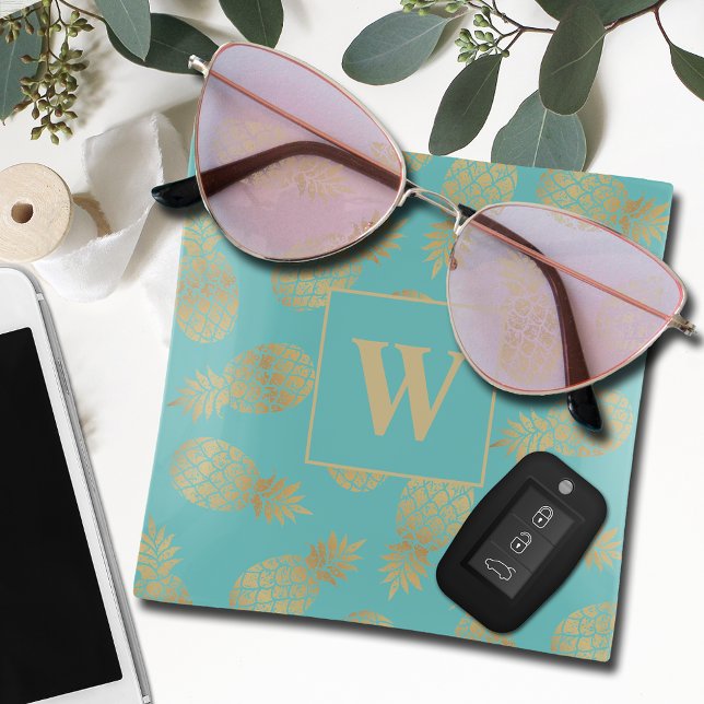 Elegant Monogram Gold Pineapple on Turquoise Trinket Tray (Creator Uploaded)