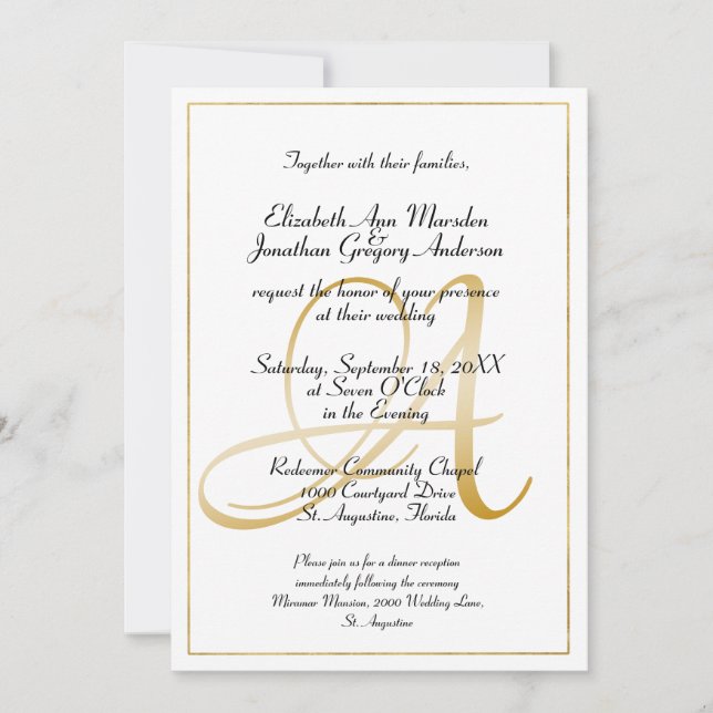 Elegant Monogram Gold Script Calligraphy Wedding Invitation (Front)