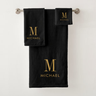Elegant Monogram Gold Script Name Black Bath Towel Set